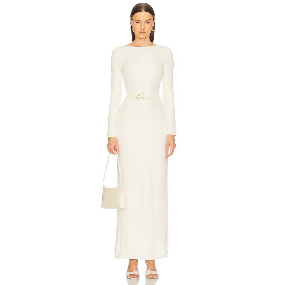 L'Academie Kirina Gown Ivory NWT Women's S Maxi Dress Open Back Gold Belt